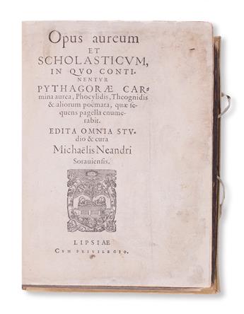 PYTHAGORAS; et al. Opus aureum et scholasticum, in quo continentur Pythagorae carmina aurea [etc.].  1577